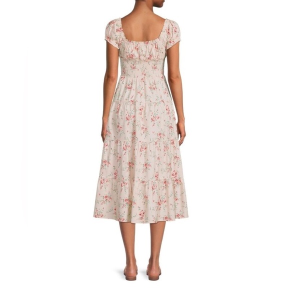 0306 - Puff Sleeve Smocked Midi Dress Dainty Floral Almond Milk - Picture 2 of 6